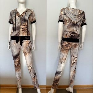 NWT WOMEN SET TRACKSUIT HOODED JACKET/PANTS ANIMAL PRINT ZIP STRETCHY LOUNGEWEAR